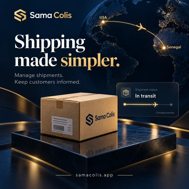 Sama Colis promotional graphic with a gold shipping route theme