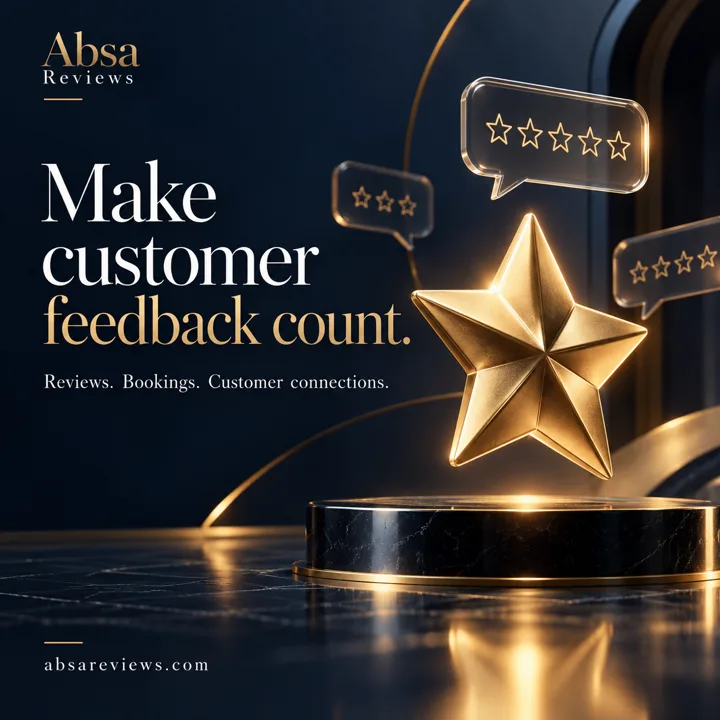 Absa Reviews promotional graphic in midnight navy and gold