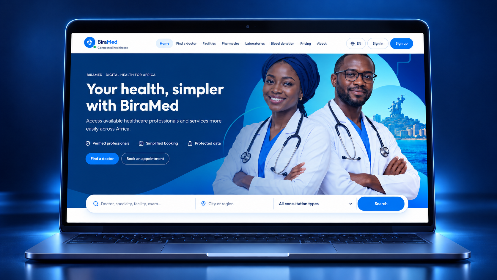 BiraMed homepage featuring healthcare professionals, shown on a laptop with blue lighting