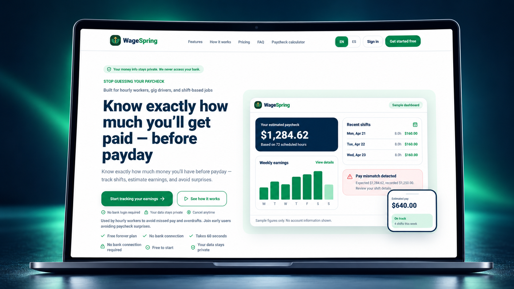 WageSpring website shown on a laptop screen with soft emerald lighting