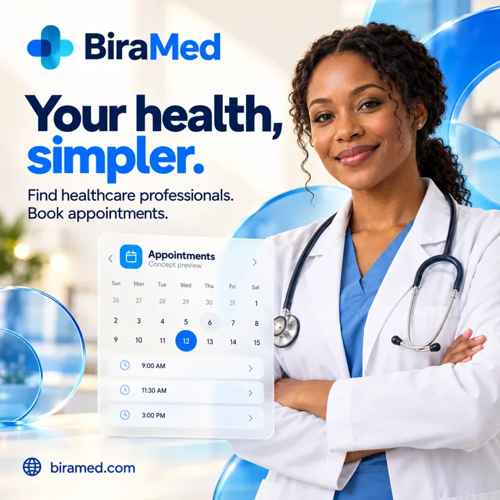 BiraMed promotional graphic about booking healthcare appointments