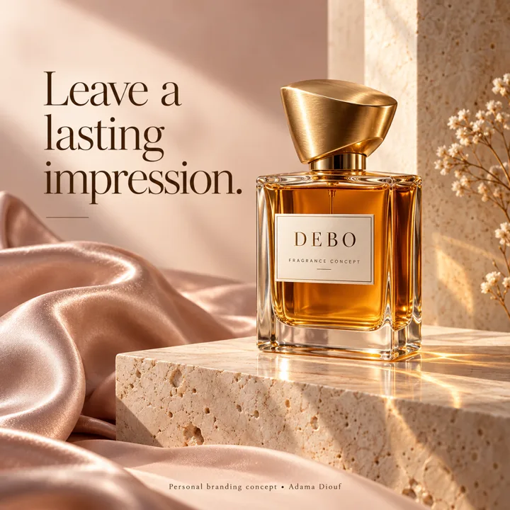 DEBO perfume bottle displayed on a travertine pedestal